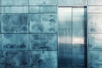 Poster - A silver door with a silver handle sits in front of a blue wall