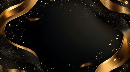 Abstract black background with elegant gold ribbon border and glitter.