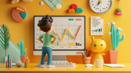 Poster - A 3D cartoon character stands in front of a computer screen looking at a chart with a yellow line and colorful bars.
