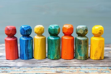 Colorful figurines standing in line representing diverse group of people and tolerance. Inclusion concept