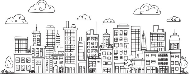 City landscape. Line urban backdrop. Skyline with clouds, different buildings on street, doodle street draw, outline cityscape hand sketch, flat houses. Hand drawn vector illustration