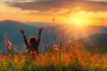 Happy girl raised hand on blurred mountain sunrise background. Mental Health concept. 