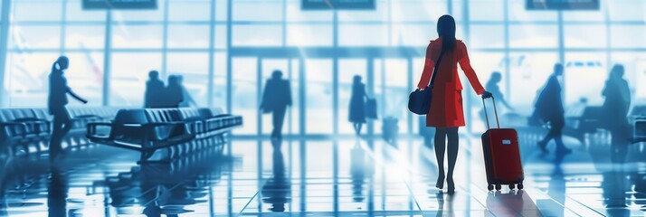 Aufkleber - A flight attendant in a red coat carries a suitcase while navigating through a crowded airport terminal filled with travelers. Generative AI