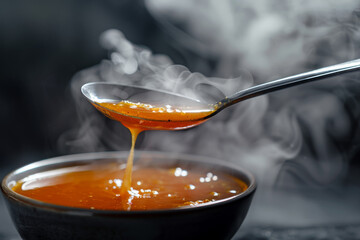 A spoon is scooping a thick, red soup from a bowl