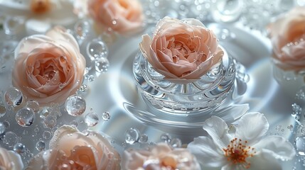 Poster - delicate pink roses floating in water surrounded by pearls in soft light