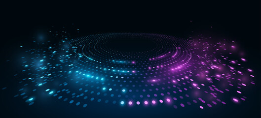 Poster - Digital circles of glowing sparkling dots on dark background. Perspective view to abstract dotted circle. Crumbling particles of information in a neural network. Big Data visualization. Vector illustr