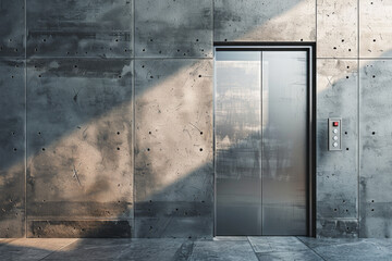 Poster - A silver elevator door is open to the outside