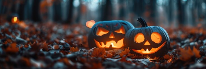 Wall Mural - Illuminated and unlit jack o'lanterns on a forest floor covered with autumn leaves, showcasing a contrast in a nighttime setting.