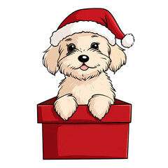 Poster - Adorable cartoon puppy with a Santa hat sitting in a holiday gift box isolated on a transparent background 