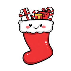 Canvas Print - Cartoon Christmas stocking with a joyful face filled with candy canes and gifts isolated on a transparent background 