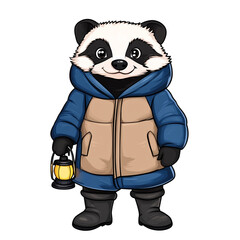 Poster - Cartoon badger in a winter coat and boots holding a lantern looking cheerful isolated on a transparent background 