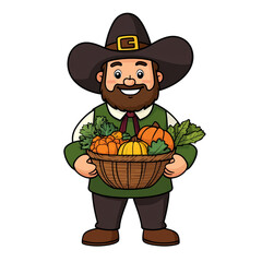 Poster - Cartoon pilgrim with a large buckle hat smiling and holding a harvest basket isolated on a transparent background 