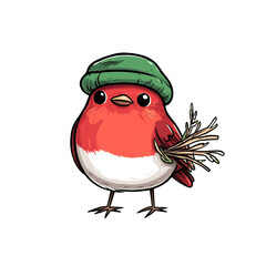 Canvas Print - Cartoon robin bird with a little hat carrying a bundle of twigs in its beak isolated on a transparent background 