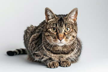 A cat is sitting on a white surface with its eyes open and staring at the camera