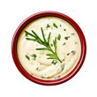 © fotogurmespb - Creamy blue cheese sauce in a bold crimson bowl top view isolated on transparent background