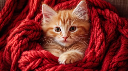 Cozy Charm: Fluffy Orange Kitten Nestled in Vibrant Red Yarn - Perfect Poster for Adding Warmth and Whimsy to Your Home Decor!