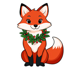 Poster - Friendly cartoon snow fox with a little wreath around its neck wagging its tail isolated on a transparent background 