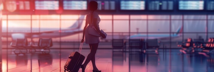 Aufkleber - A flight attendant is seen strolling through an airport terminal while pulling a suitcase, with a sunset glow illuminating the space. Generative AI