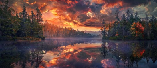 Canvas Print - Sunset On A Forest Lake Reflection Of Redheads From The Sunset Clouds In Water