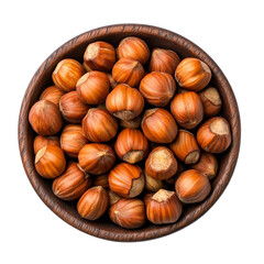 Canvas Print - Top view roasted hazelnuts in a dark wooden bowl isolated on transparent background 