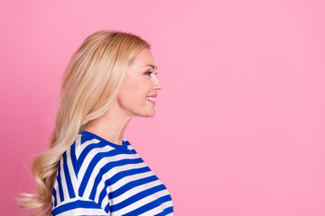 Canvas Print - Photo of lovely pretty nice woman wear trendy striped clothes look empty space isolated on pink color background