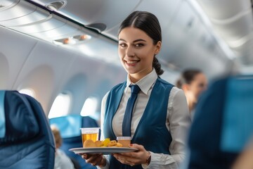 Aufkleber - A flight attendant smiles while offering snacks and drinks to passengers in an aircraft during a mid-flight service. Generative AI