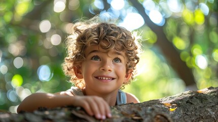 young boy, cheerful expression, sitting on a large tree branch, lush green forest in the background