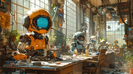 Poster - a futuristic workspace filled with colorful robots engaged in various tasks during a bright daylight