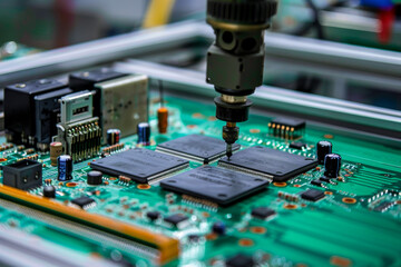 Poster - A computer chip is being manufactured on a green board