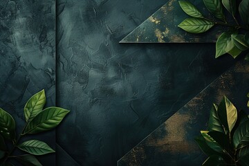 Green leaves on a textured dark background with gold accents.