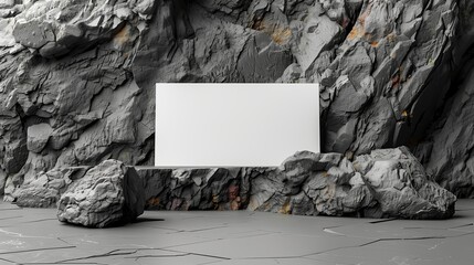 Poster - Artistic Display Featuring A Blank Canvas Surrounded By Rugged Rock Formations In A Dimly Lit Setting
