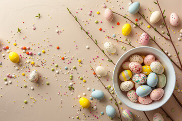 Sticker - A bowl of Easter eggs is surrounded by colorful sprinkles and sticks