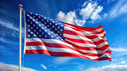 Vibrant American flag waving in the wind, with bold stars and stripes shining brightly against a clear blue sky, evoking feelings of freedom and pride.