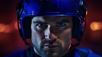 Intense american football player in blue uniform and helmet on stadium background