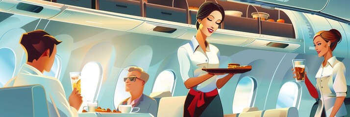 Aufkleber - A flight attendant in uniform serves food and drinks to passengers seated comfortably in a contemporary airplane cabin. Generative AI