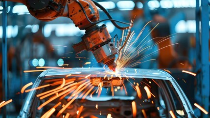 Poster - A robotic arm welding a car body with sparks flying.
