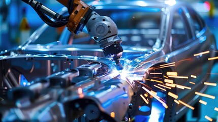 Poster - A robotic arm welds a car body, sparks fly off the metal as the robot works.