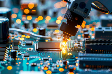 Poster - A computer chip is being inspected by a machine