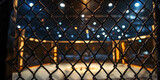 A fence surrounds an MMA or mixed martial arts octagon. It is night and the lights are on.