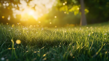 Lush green grass with glistening morning dew in a natural setting