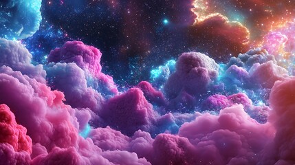 Wall Mural - Abstract cosmic landscape with vibrant pink, blue, and orange clouds and a starry sky.