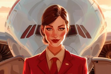 Aufkleber - A flight attendant in a red uniform smiles confidently as she stands in front of a large airplane, highlighting her role in the aviation industry. Generative AI