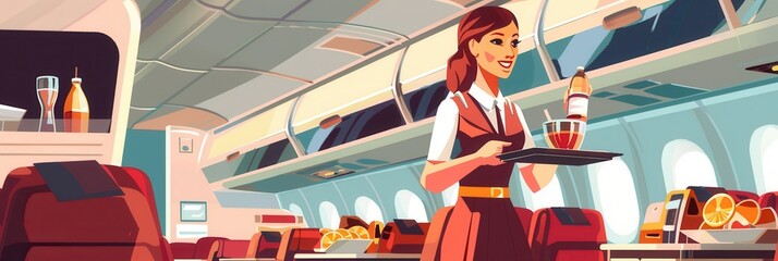 Aufkleber - A flight attendant serves beverages to passengers while navigating the aisle of an airplane, ensuring a pleasant travel experience. Generative AI