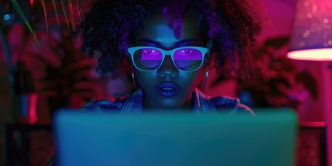 Freelancer of African descent employing a netbook for online programming, embodying a modern chic aesthetic while developing a database on a laptop.