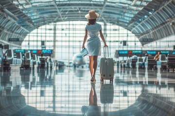 Aufkleber - A flight attendant strolls through a spacious airport terminal, carrying a suitcase while wearing a fashionable outfit and hat. Generative AI