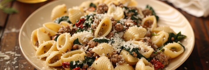 Canvas Print - Creamy pasta with ground beef, sun-dried tomatoes, spinach, and Parmesan cheese.