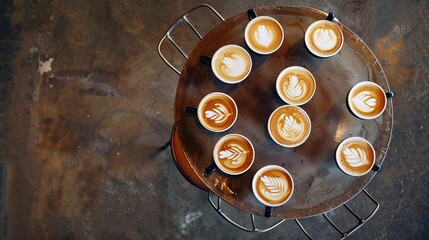 Wall Mural - flat lay photography of eight coffee latte in mugs on round table