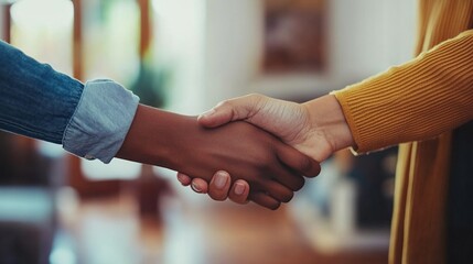 Close-up shot of a real estate agent or realtor meeting with her client, giving new house to her customer.	