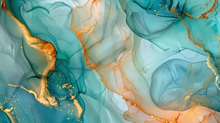 Natural luxury abstract fluid art painting in alcohol ink technique. Tender and dreamy wallpaper. Mixture of colors creating transparent waves and golden swirls. For posters, other printed, ai