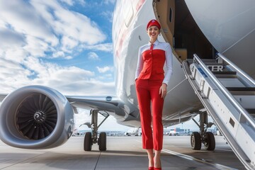 Aufkleber - The flight attendant stands confidently on the steps of the aircraft, ready to assist passengers boarding the plane. Generative AI